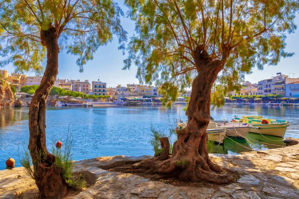 Yunanistan 'ın Girit adası Agios Nikolaos kentindeki Voulismeni gölünde balıkçı tekneleri. Resimler