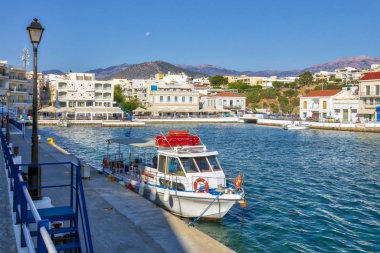 Morning view of Agios Nikolaos marina. Picturesque town of the island Crete, Greece. Image