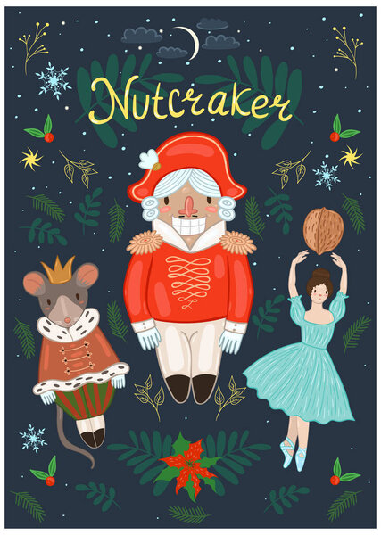 Nutcracker poster with a nutcracker, ballerina, mouse, and decorative elements. Vector graphics.