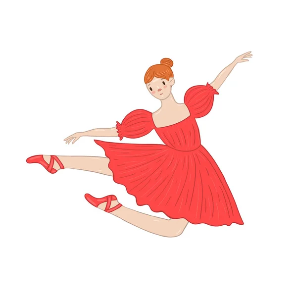 Балерина в красном платье прыгает изолированно на белом фоне. Векторная графика . — стоковый вектор
