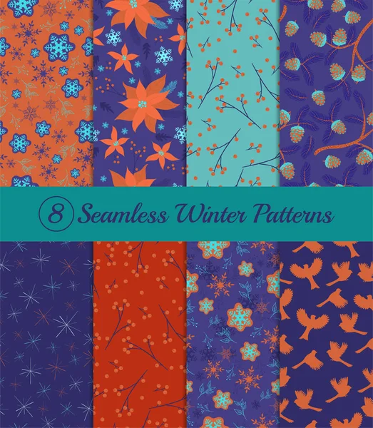 Συλλογή από 8 απρόσκοπτη χειμερινά πρότυπα. Συλλογή σε ένα μόνο χρώμα: μπλε, κόκκινο. Για περιτύλιγμα δώρου. Διανυσματικά γραφικά. — Διανυσματικό Αρχείο