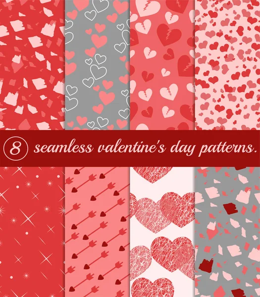 Conjunto de patrones de día de San Valentín sin costuras en colores rosados. Gráficos vectoriales . — Vector de stock