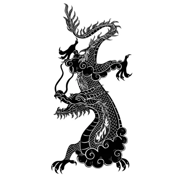 Dragón chino de color negro aislado sobre un fondo blanco. Gráficos vectoriales . — Vector de stock