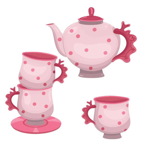 Teeservice Teekanne und Tassen isoliert auf weißem Hintergrund. Vektorgrafik. — Stockvektor