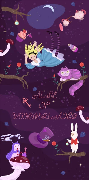 La bannière d'Alice au pays des merveilles. Alice Falls, personnages. Ensemble vectoriel . — Image vectorielle