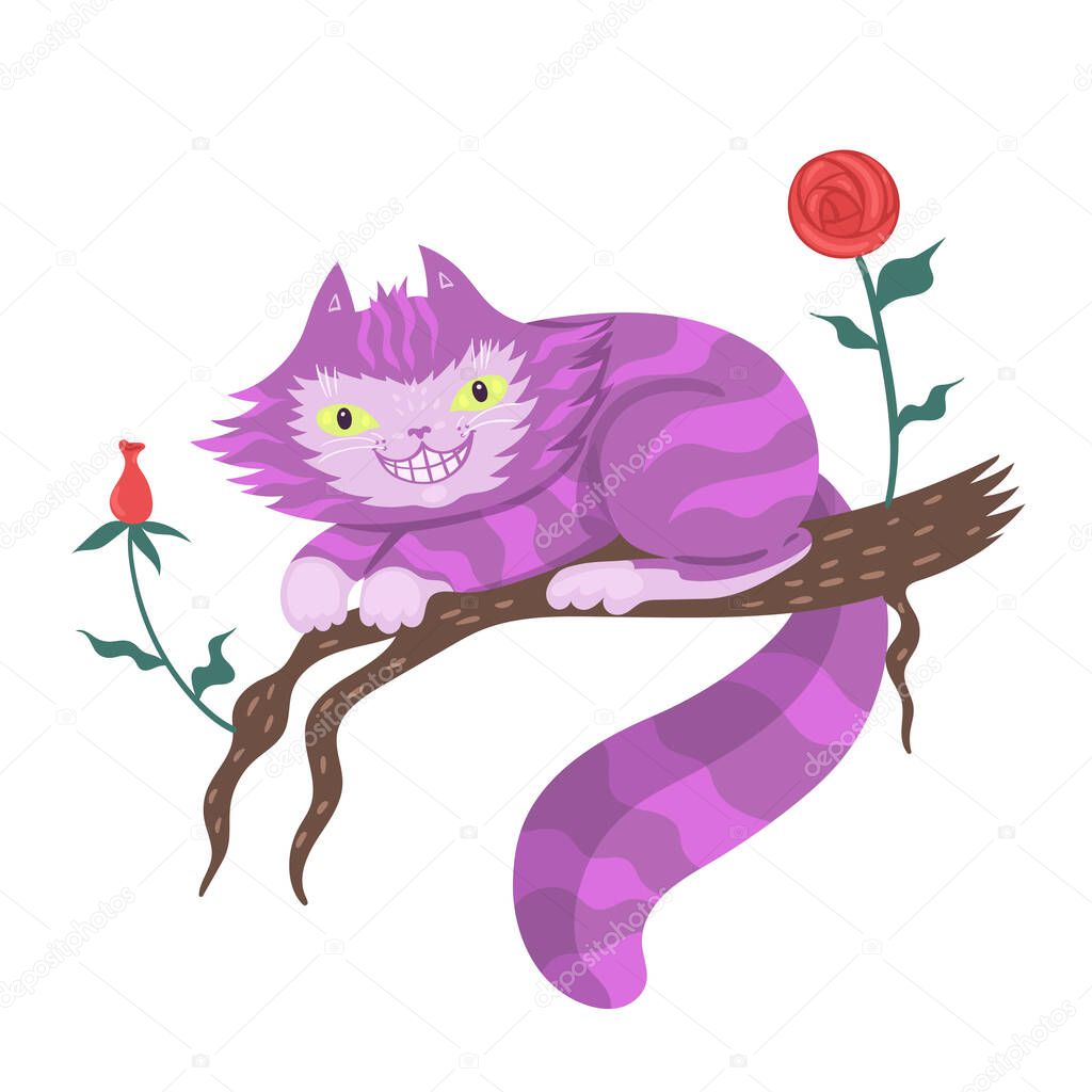 Cheshire cat on a branch Isolated on a white background. Vector graphics.