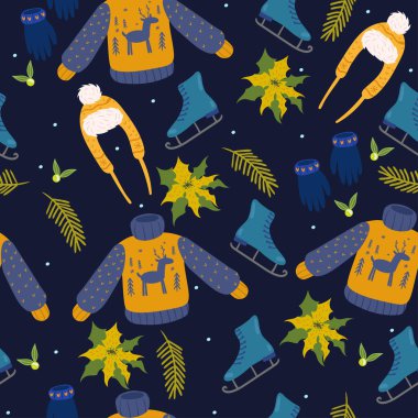 Kışlık giysileri ve mavi ve sarı renkli patenleriyle kusursuz bir desen. Vektör grafikleri.