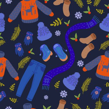 Mavi arka planda kışlık giysileri olan kusursuz bir desen. Vektör grafikleri.