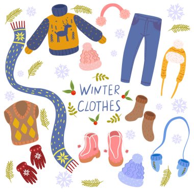 Beyaz arka planda izole edilmiş kış kıyafetleri. Vektör grafikleri.