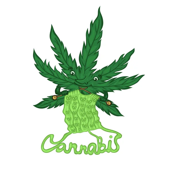 El personaje de cannabis teje ropa. Emblema para la producción de ropa de cannabis aislada sobre fondo blanco.Vector gráfico . — Vector de stock