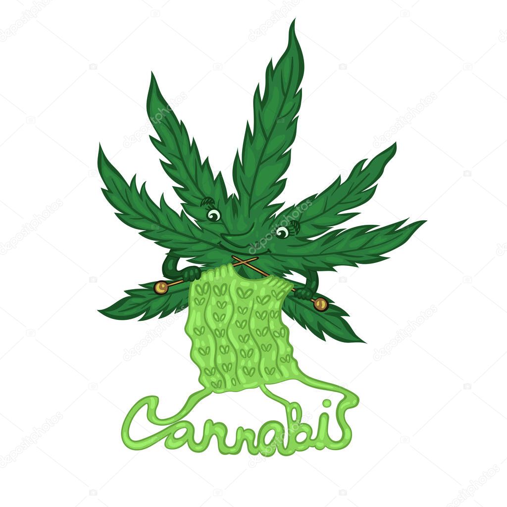 Cannabis character knits clothes. Emblem for the production of cannabis clothing isolated on white background .Vector image.