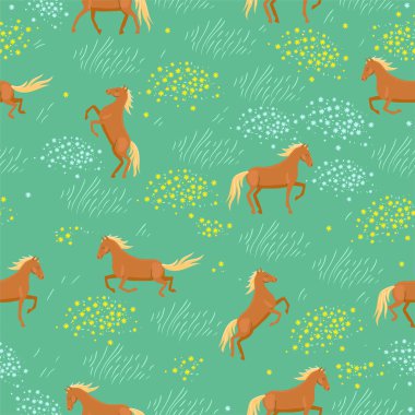 Tarladaki vahşi atların kusursuz deseni. Vektör grafikleri.