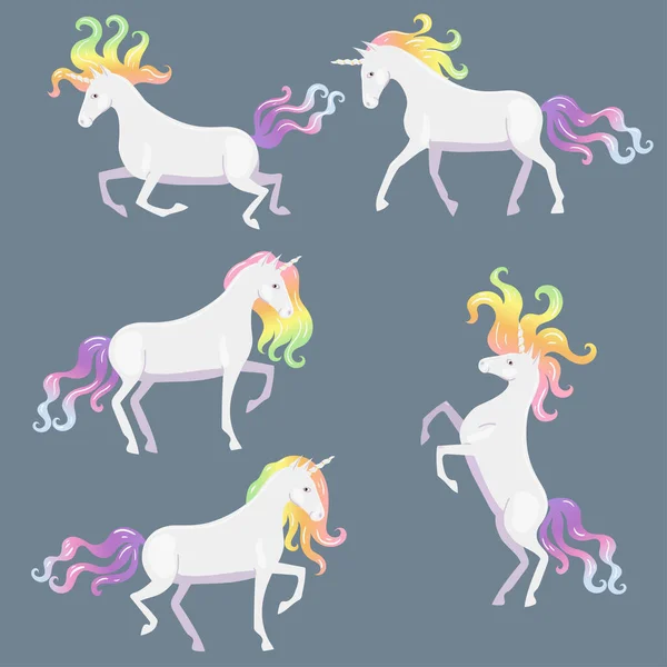 Ensemble de licornes avec crinière multicolore et queue. Graphiques vectoriels . — Image vectorielle
