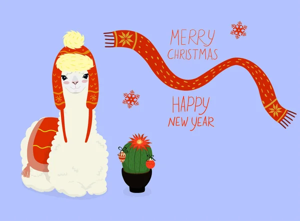 Greeting card with christmas llama. Vector graphics. — Stock Vector