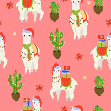 Noel alpakalarıyla kusursuz bir desen. Vektör grafikleri.