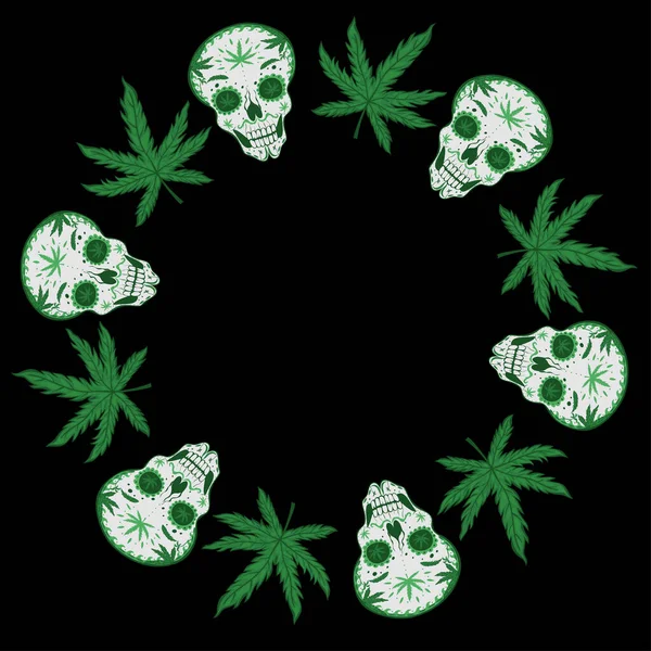 Cadre rond avec crânes et cannabis. Graphiques vectoriels . — Image vectorielle