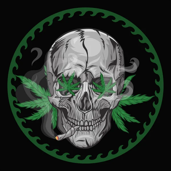 Skull fuma marihuana sobre un fondo negro. Gráficos vectoriales . — Vector de stock