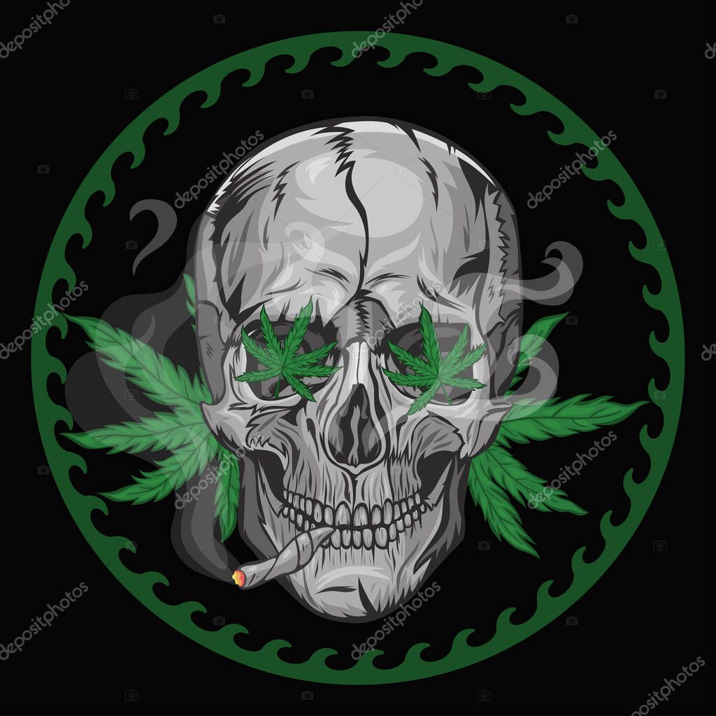 Skull smokes marijuana on a black background. Vector image