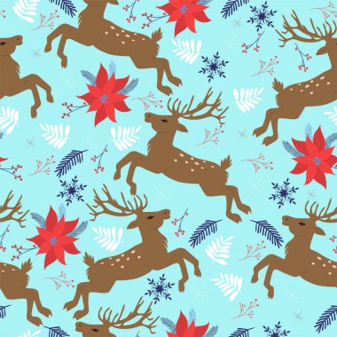 Geyik, çiçek ve kar taneleriyle kusursuz desen. Vektör grafikleri.