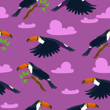 Pembe arka planda bulutlar ve tukanlarla kusursuz bir desen. Vektör grafikleri.
