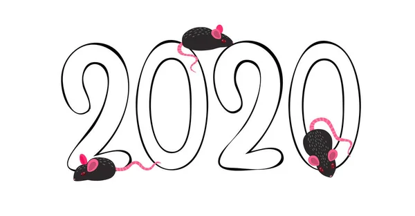 2020 jaar en muis geïsoleerd op witte achtergrond. vectorgrafieken. — Stockvector