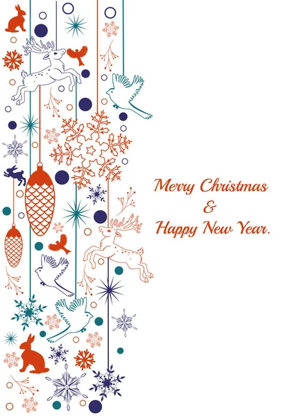 Geyikler, kuşlar ve kar taneleriyle dikey Noel sınırı. Vektör grafikleri.