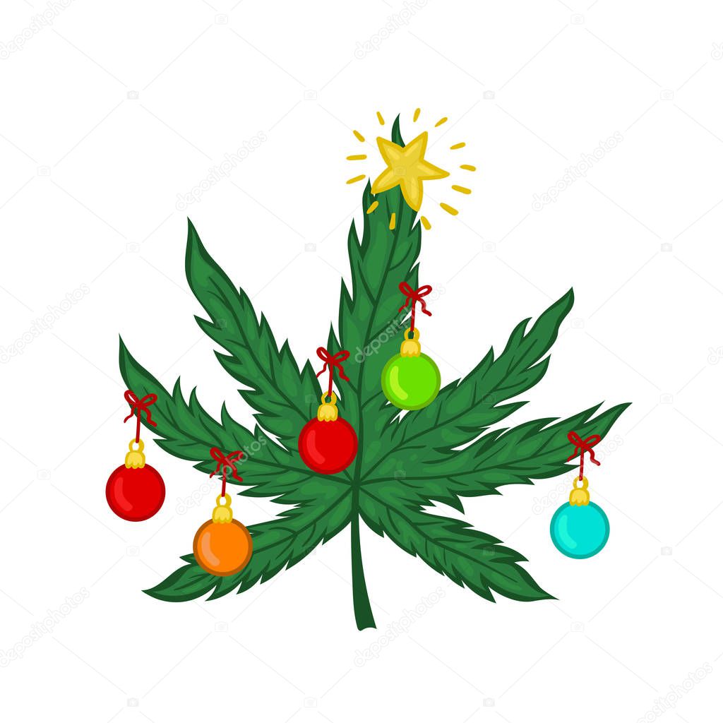 Marihuana navideña decorada con juguetes navideños aislados sobre fondo blanco. Gráficos