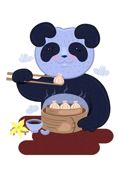 Der Panda frisst chinesische Knödel. Logo für das Restaurant. Vektorgrafik. — Stockvektor