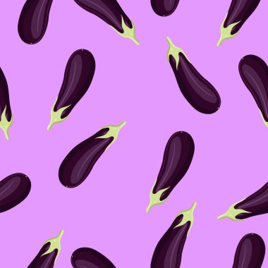 Mor arka planda patlıcan. Kusursuz desen. Vektör grafikleri.