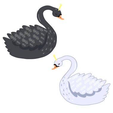 Beyaz arka planda siyah ve beyaz kuğular var. Vektör grafikleri.