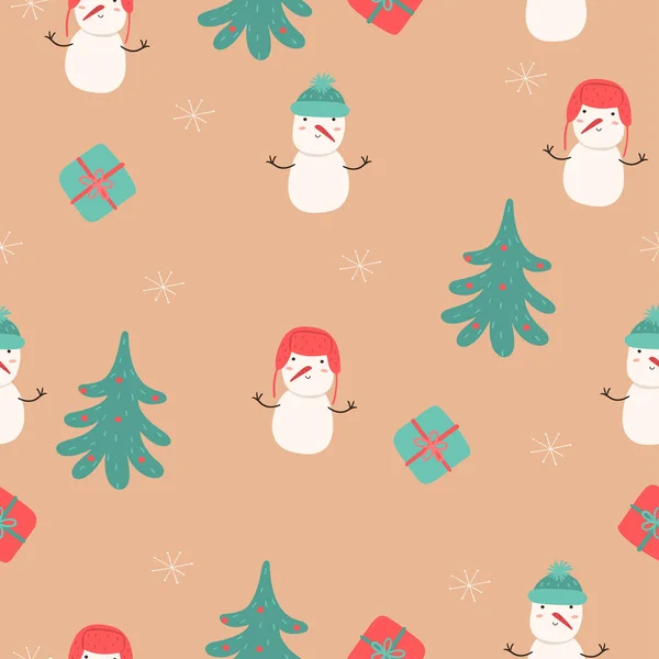 Απρόσκοπτη μοτίβο με χιονάνθρωπους, χριστουγεννιάτικα δέντρα και δώρα. Διανυσματικά γραφικά. — Διανυσματικό Αρχείο