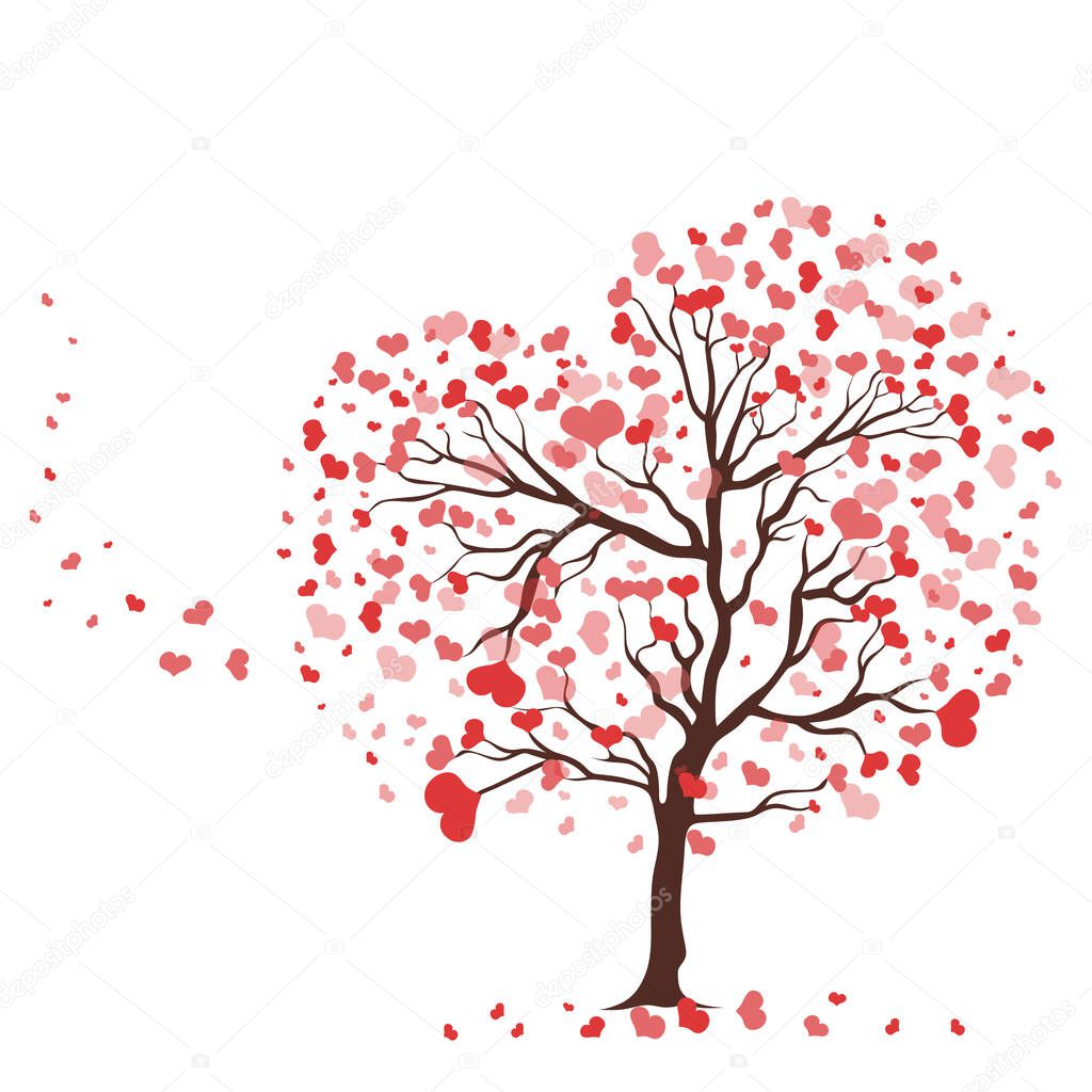 Tree with leaves in the shape of hearts isolate on a white background. Vector graphics