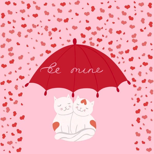 Verliebte Katzen unter einem Regenschirm. Grußkarte zum Valentinstag. Vektorgrafik. — Stockvektor