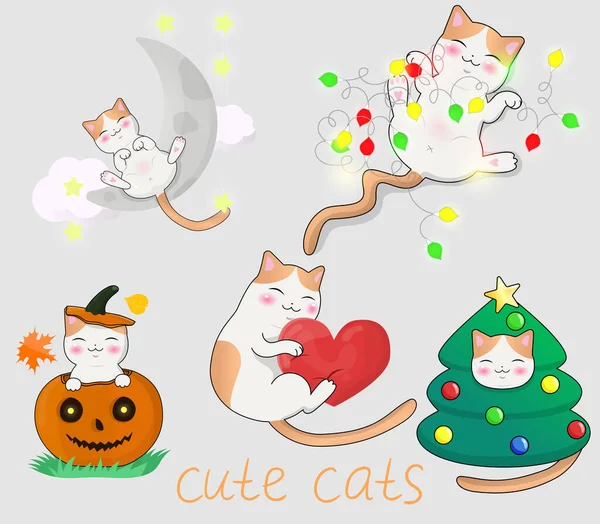 Conjunto de gatos lindos kawaii. Gráficos vectoriales . — Vector de stock