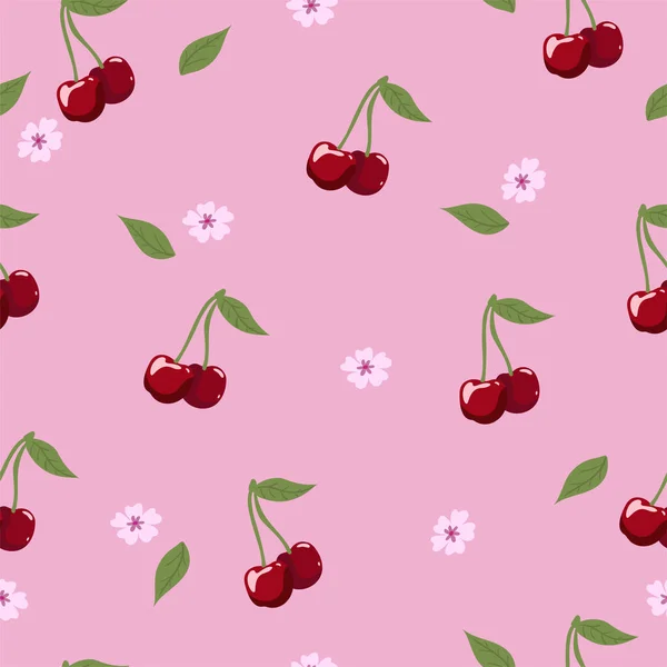 Zökkenőmentes cseresznye minta bogyókkal, virágokkal és levelekkel. Vektorgrafika. — Stock Vector