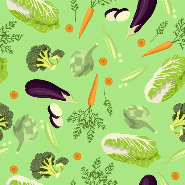 Patrón sin costuras con brócoli, zanahorias, col, berenjena y alcachofas. Gráficos vectoriales . — Vector de stock