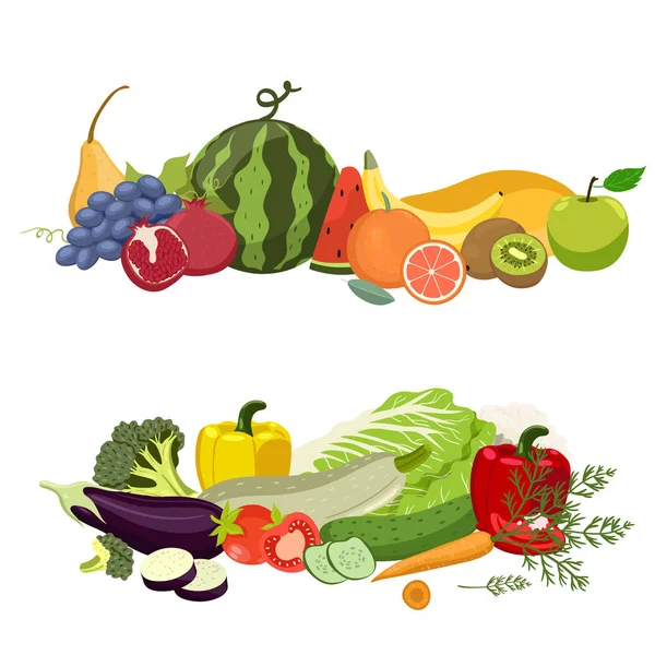 Két halom zöldség és gyümölcs, fehér alapon elkülönítve. Vektorgrafika. — Stock Vector
