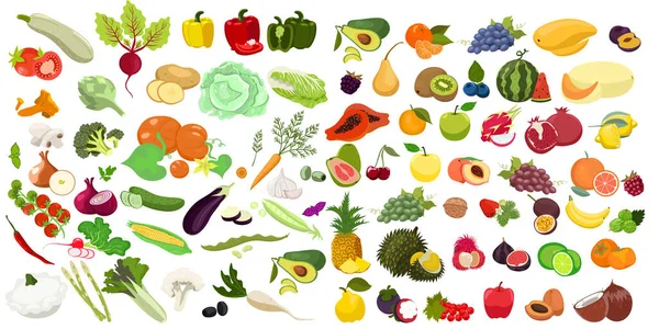 大量的蔬菜和水果在白色的背景上被隔离。 矢量图形. — 图库矢量图片
