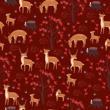 Ormandaki geyiklerin kusursuz deseni. Vektör grafikleri.