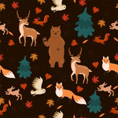 Ormandaki hayvanlarda kusursuz desen. Vektör grafikleri.