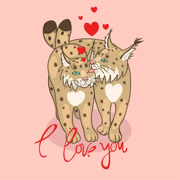 Postal con lince cariñoso al día de San Valentín — Vector de stock