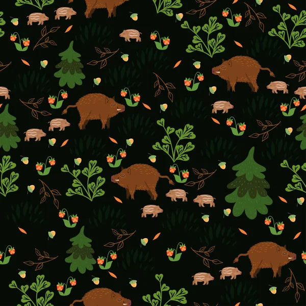 森林里野猪的无缝隙图案。 矢量图形 — 图库矢量图片