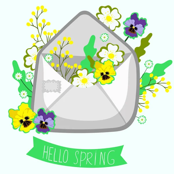 Sobres con flores y la inscripción hola primavera. Gráficos vectoriales . — Archivo Imágenes Vectoriales