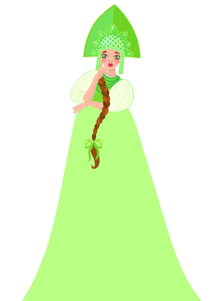 Russian girl in a kokoshnik and green outfit isolated on a white background. Vector graphics. — Stock Vector