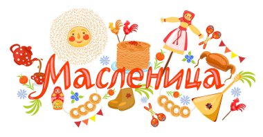 Rus Maslenitsa 'sında beyaz arka planda dekoratif unsurlar olan kelime. Vektör grafikleri.