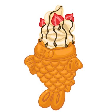 Beyaz arka planda izole edilmiş çilekli ve çikolata soslu Taiyaki dondurması. Vektör grafikleri.