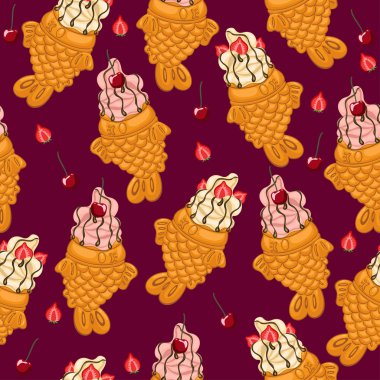 Taiyaki dondurmalı, kirazlı ve çilekli kusursuz desen. Vektör grafikleri