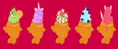 Beş tane Taiyaki dondurması. Vektör grafikleri.