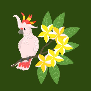 Pembe bir papağan bir su tesisatı dalına oturur. Vektör grafikleri.