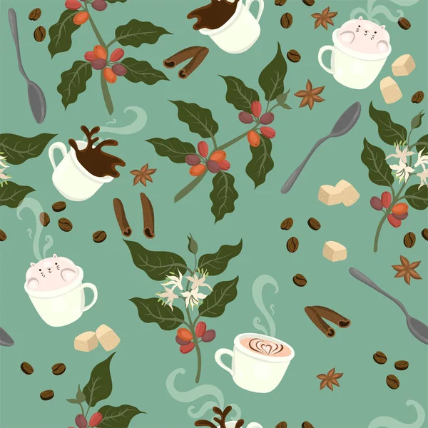 Seamless pattern with coffee, plant, grains, mugs, spoons, on a green background. Vector graphics. — 스톡 벡터